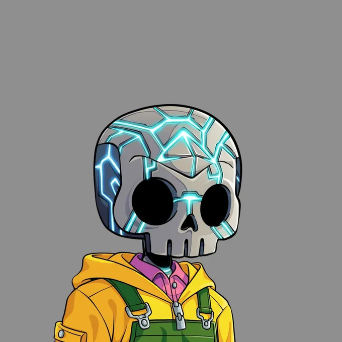 A cartoon-style illustration shows a character with a glowing blue-circuit-patterned skull mask wearing a yellow hoodie and green overalls. The hand-drawn, chibi aesthetic aligns with the post's appreciation for unique NFT artwork with a personal, illustrative touch.