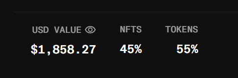 The image displays a portfolio breakdown showing a total USD value of $1,858.27, with assets split between 45% NFTs and 55% tokens. This aligns with the post about gradually building up NFT holdings on Robinhood, showing the current allocation of investments between NFTs and tokens.