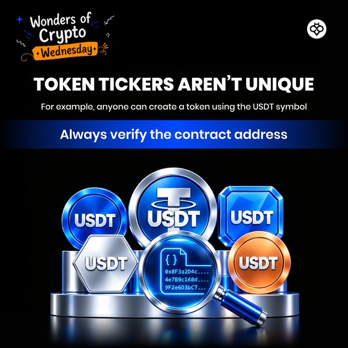 Educational crypto graphic titled 'Wonders of Crypto Wednesday' with the headline 'TOKEN TICKERS AREN'T UNIQUE', warning that anyone can create a token using the USDT symbol, advising users to 'Always verify the contract address' shown with multiple USDT coin designs.