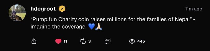 The image shows a post by user "hdegroot" featuring text that reads "Pump.fun Charity coin raises millions for the families of Nepal" with an emoji, posted 11 minutes ago with 11 likes, 3 comments, and 445 views. The post appears to reference a viral charity coin tied to Nepal, and relates to the accompanying message by highlighting how a successful charity meme coin launch could mark an exciting start to a new bull run for meme-based cryptocurrencies.