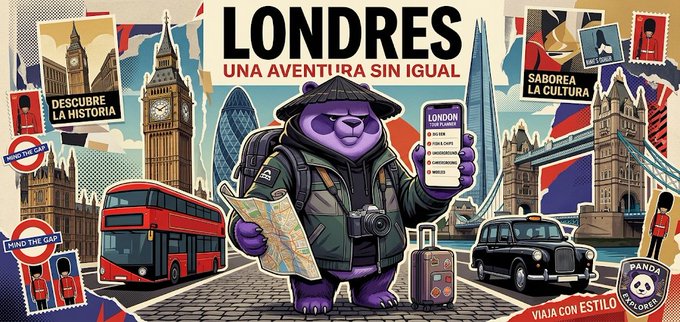 A colorful illustrated travel poster for 'LONDRES' (London) features a purple bear explorer wearing a hat and backpack holding a map, surrounded by landmarks like Big Ben, a red double-decker bus, and a black taxi cab.