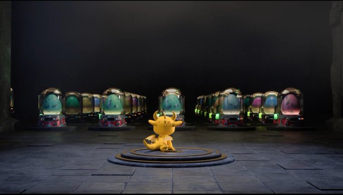 A small yellow dragon-like creature sits on a circular platform in a dark room surrounded by rows of glass domes containing colorful eggs.