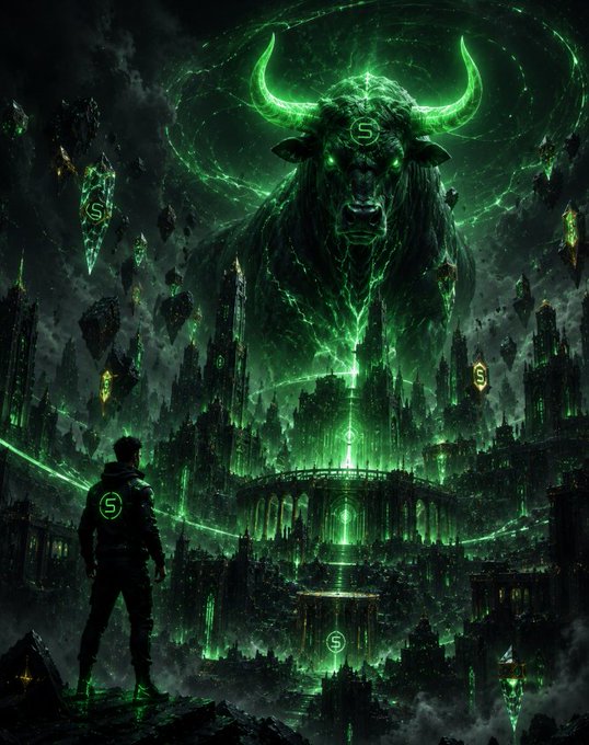 A dark fantasy digital artwork depicting a figure with a glowing green bull/ox head symbol hovering over a sprawling gothic city, with a silhouetted character in the foreground bearing a green 'S' logo on their back.