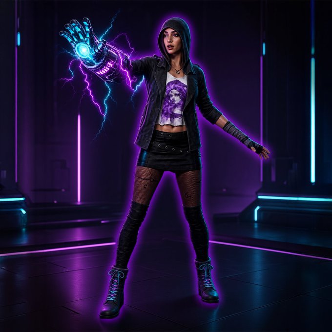 A woman in a hooded jacket and boots stands in a neon-lit purple environment, extending a glowing mechanical gauntlet on her right hand that emits blue electrical energy.