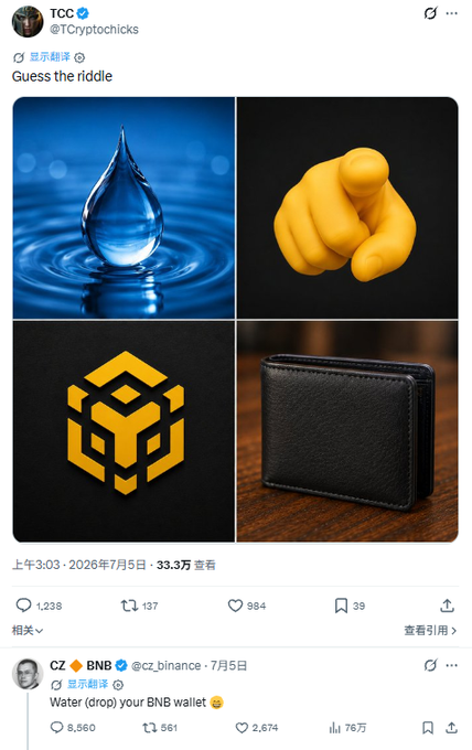 A Twitter post by TCC (@TCryptochicks) shows a riddle with four emoji representing water drop, pointing finger, BNB logo, and wallet, with user CZ (@cz_binance) replying "Water (drop) your BNB wallet 😂" - the riddle playfully spells out "drop your BNB wallet" using the visual clues.