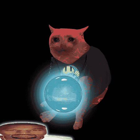 A dark, eerie image of a cat with a glowing red, demonic-looking head wearing a Batman logo shirt, holding a glowing blue crystal ball with a smiley face visible in the foreground.