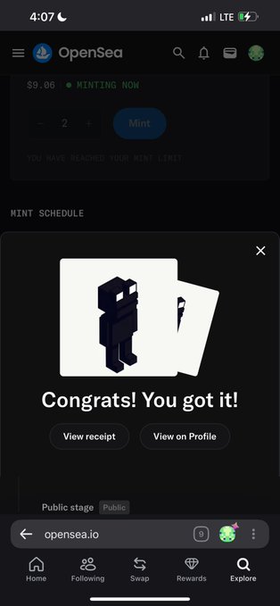An OpenSea mobile screen showing a successful NFT mint confirmation: 'Congrats! You got it!' with a price of $9.86 and 'YOU HAVE REACHED YOUR MINT LIMIT'.