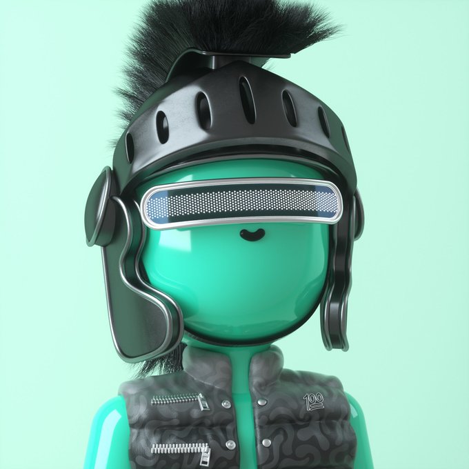 The image shows a 3D-rendered green mascot character with a black mohawk helmet, digital LED visor, and camo vest featuring a "100" logo. Kenny the Minty Sentry perfectly embodies the "good vibes" spirit celebrated in the post's spotlight feature on OpenSea's video of the week.