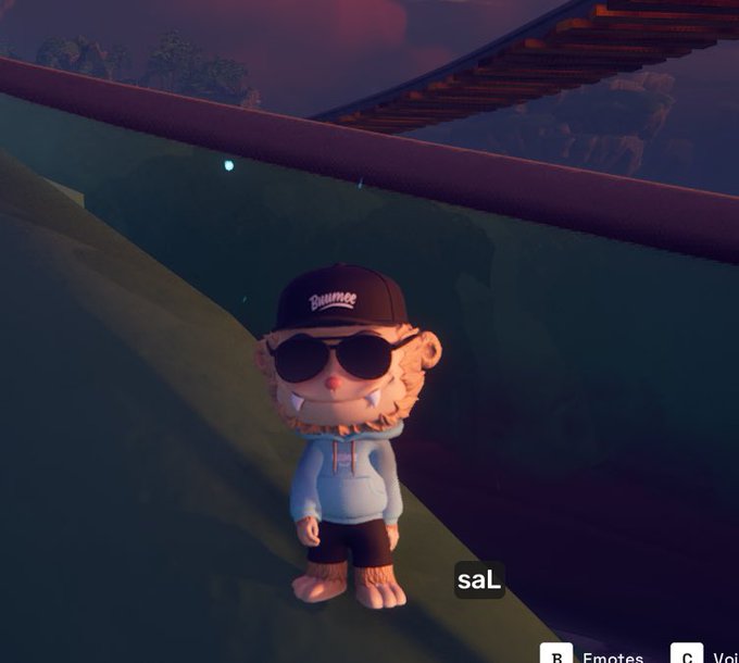 A 3D animated character from a video game wearing a 'Bauhaus' cap, sunglasses, and a gray hoodie, standing in a dimly lit nighttime environment with a wooden structure overhead; player tag 'saL' visible.