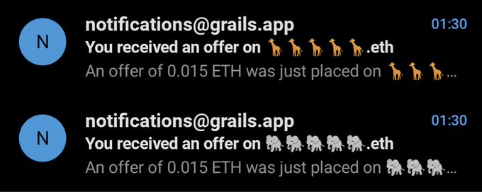 Email notifications from notifications@grails.app timestamped 01:30 inform the user that offers of 0.015 ETH were placed on giraffe and elephant .eth NFT domains.