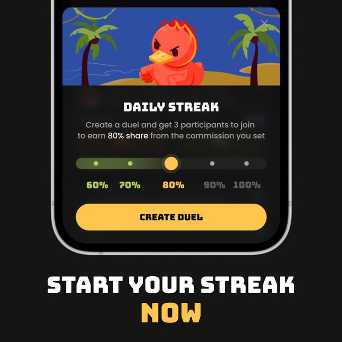 A mobile app screen titled "DAILY STREAK" features a cartoon red bird mascot, a progress slider at 80%, and a yellow "CREATE DUEL" button, with text below reading "START YOUR STREAK NOW".