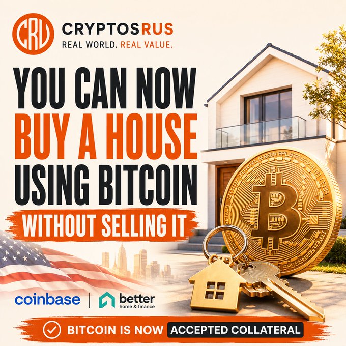 The image features a house with an American flag, and a gold coin that has been used for Bitcoins. The text of the advertisement reads "You can now buy a house using Bitcoin without selling it". This suggests that the advertisement is promoting Bitcoin as a means of purchasing real estate in the United States.