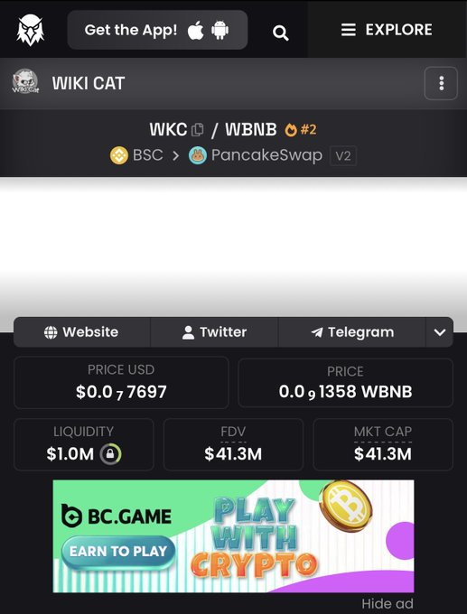 A screenshot of the Wiki Cat (WKC) token page on a DEX tracker shows its WBNB trading pair on PancakeSwap (BSC) with a price of $0.07697, liquidity of $1.0M, and FDV/market cap of $41.3M. The post "Check $WKC out first" appears to be prompting users to view this token's listing and metrics before investing.