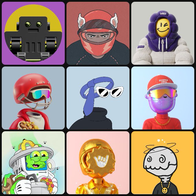 A 3x3 grid of various NFT character artworks featuring stylized figures including a robot, masked ninja, smiling hooded character, helmeted figures with sunglasses, and other unique cartoon-style avatars.
