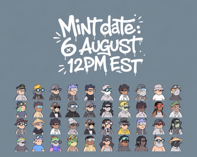 A promotional graphic for the "NPC" NFT collection, displaying "Mint date: 6 August, 12 PM EST" in graffiti-style text above a grid of 40 colorful, Doodles-style remastered NPC characters, matching the post's announcement of 10,000 characters minting on August 6th.