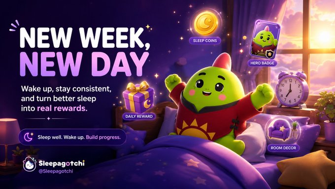 A green cartoon character, wearing a red shirt and holding a gold coin, sits on a bed with a purple comforter and white pillows, accompanied by a clock and a gift box.