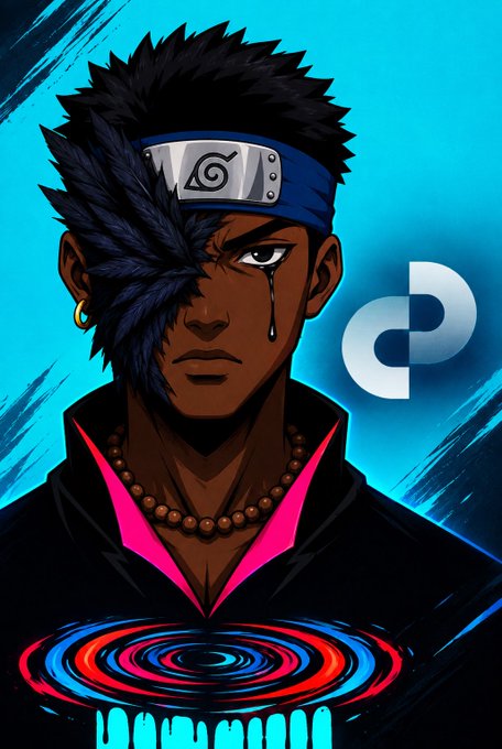 An anime-style illustration depicts a character with a Konoha headband from Naruto alongside a digital currency 'p' logo, with a red and blue swirling design below.