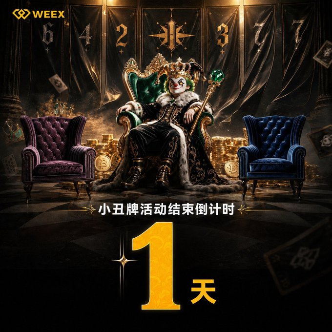 WEEX exchange promotional graphic featuring a jester/king character on a throne, displaying a 'Joker card event countdown' with '1 day' remaining in Chinese, with 'WEEX' branding visible.