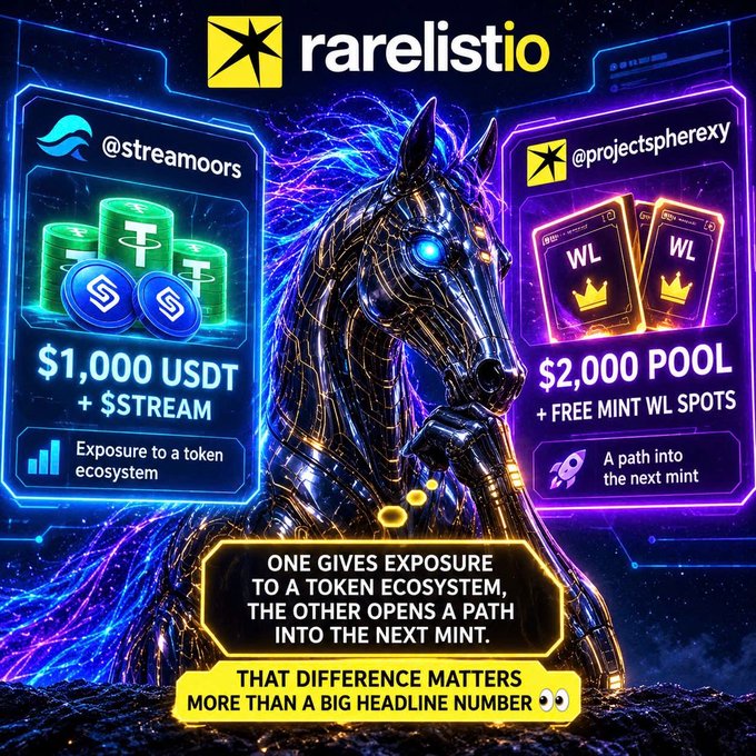 A promotional graphic for rarelistio comparing two crypto/NFT offers: @streamoors offering $1,000 USDT + $STREAM for exposure to a token ecosystem, and @projectspherexy offering a $2,000 pool + free WL spots as a path into the next mint, with text emphasizing the difference matters more than the headline number.
