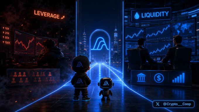 A digital illustration depicting a cryptocurrency trading concept, showing characters facing a gateway between a fiery 'LEVERAGE' side (with 10X-100X leverage options) and a blue 'LIQUIDITY' side, branded with @Crypto_Coop.