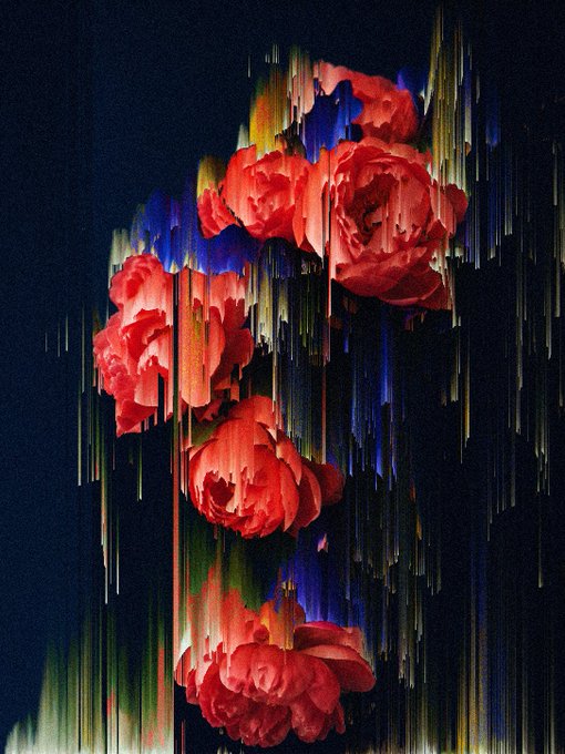 An abstract digital artwork depicting red roses and flowers against a dark background, with vertical streaks of vibrant red, blue, yellow, and green colors creating a glitch-like or pixelated effect.