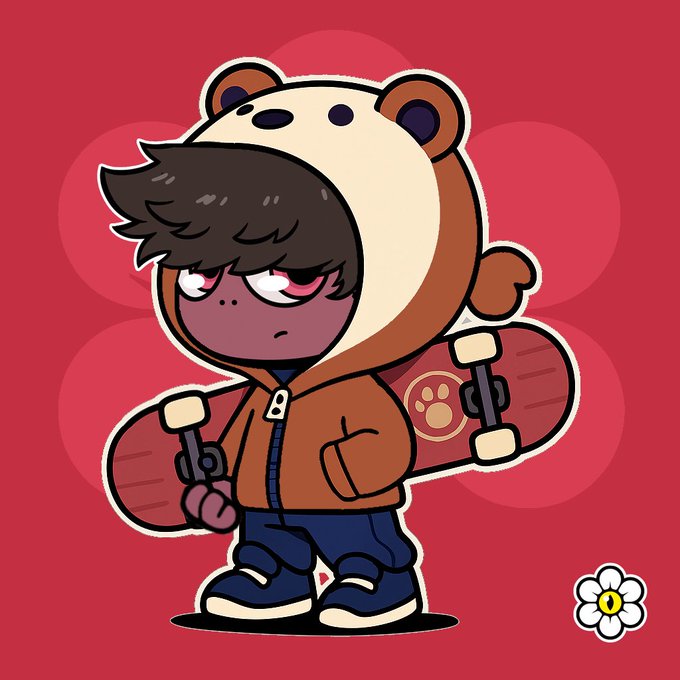 A cartoon illustration of a grumpy-looking character with dark skin and brown hair wearing a brown bear hoodie, holding a skateboard against a red background with a small flower in the corner.