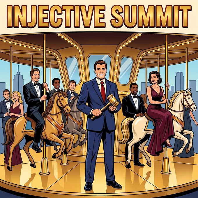 A cartoon-style illustration titled 'INJECTIVE SUMMIT' depicting a man in a blue suit holding a gavel at the center of a carousel, surrounded by well-dressed people riding carousel horses against a city skyline backdrop.