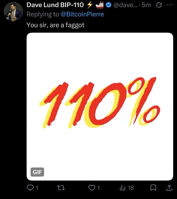 A screenshot of a tweet from Dave Lund BIP-110 (@dave...) replying to @BitcoinPierre that reads "You sir, are a faggot," accompanied by a red and yellow animated GIF displaying "110%." The image illustrates the context of the accompanying post, which criticizes how verbal abuse is used to manufacture consensus in Bitcoin, with the "110%" graphic referencing BIP-110 (a Bitcoin Improvement Proposal) amid personal attacks in the debate.