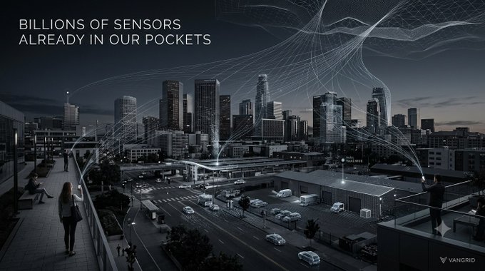 A dark cityscape with overlaid white dotted streams representing data flow, accompanied by the text 'BILLIONS OF SENSORS ALREADY IN OUR POCKETS' and the Vangrid logo.