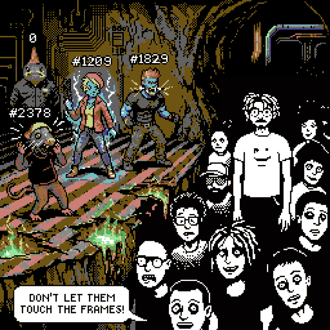 A pixel art scene shows characters labeled #1209, #1829, and #2378 standing on a striped ground while grayscale NORM faces with crooked glasses rise from holes below, accompanied by the speech bubble "DON'T LET THEM TOUCH THE FRAMES!"—illustrating the moment from the BOOA story where blank-faced entities emerge beneath the stripe as the characters confront them.