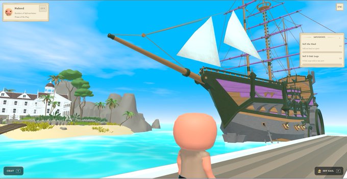 A 3D virtual world/game screenshot showing a character looking at a large pirate ship docked at a tropical island with palm trees and white buildings, with UI elements for missions like 'Sell the Sand' and 'Sell It Out Lego'.