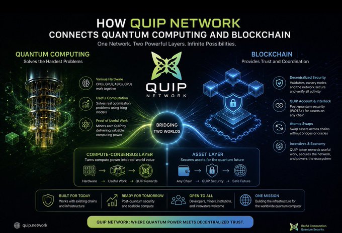 An infographic titled 'HOW QUIP NETWORK CONNECTS QUANTUM COMPUTING AND BLOCKCHAIN' illustrating the bridge between quantum computing hardware and blockchain technology, with sections on Compute-Consensus Layer and Asset Layer.