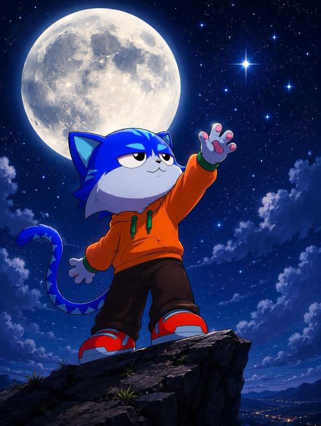 In this digital artwork, a blue cat character stands atop a cliff at night, looking up towards a full moon. The cat has its paws raised high into the sky. The background features a dark sky with stars scattered throughout. Below the scene, the image description highlights that there is a Toshi coin circulating and that it is worth 1.5 million! This coin also serves as a form of currency for transactions on the base.