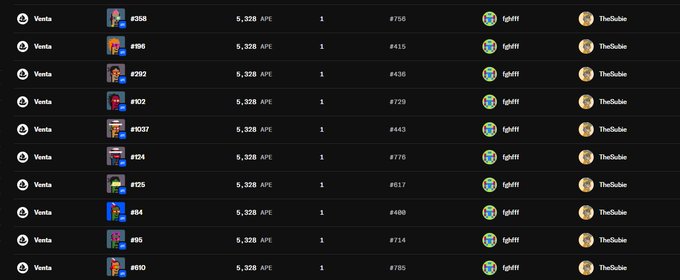 A screenshot of an NFT marketplace listing showing multiple sales entries, each priced at '5.328 APE' for items numbered #358 through #690, all sold to user 'fgdfh' from seller 'TheDude'.