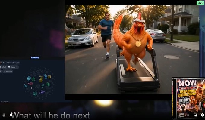 A live stream screenshot showing an AI-generated video of a muscular chicken wearing a gold chain running on a treadmill, chased by a man, with the text 'What will he do next'.