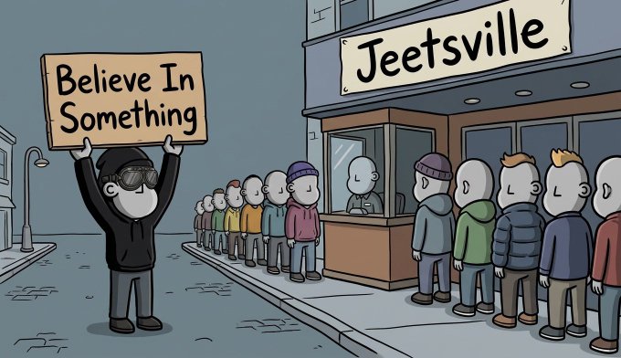 A hooded figure holds up a "Believe In Something" sign in front of "Jeetsville," where a line of NPCs (non-player characters) wait mindlessly, satirizing panic-selling crypto holders who lack conviction. The cartoon mocks those dumping $NPC tokens for small gains while the project's $1.4M volume and strong community suggest it's "just getting started."