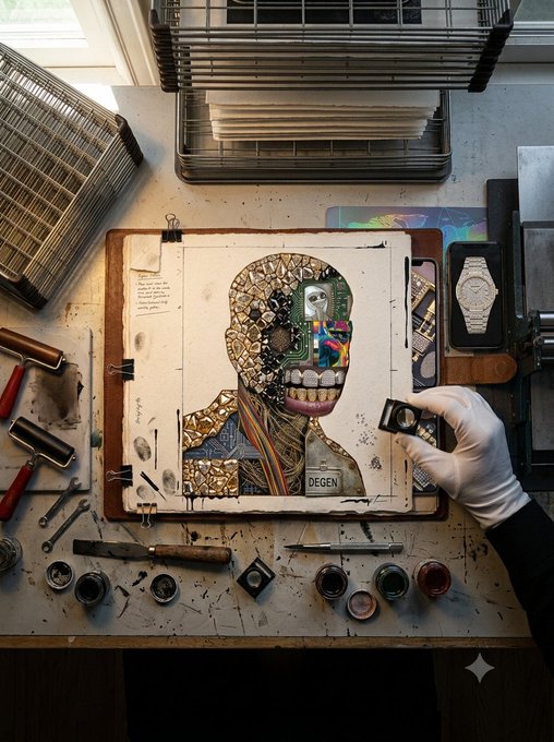 An artist's workspace showing a detailed mixed-media artwork of a head made from watches, gears, and colorful materials labeled 'DEGEN,' surrounded by printing tools and ink rollers.