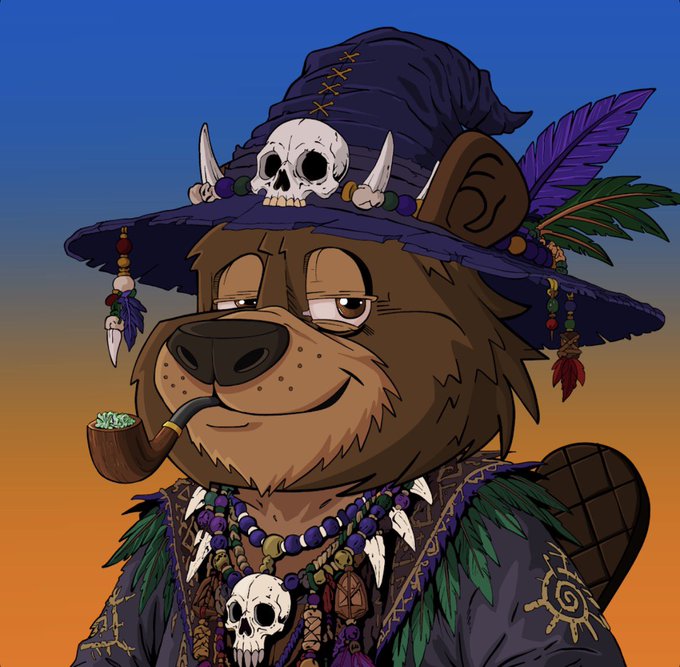 A digital artwork of an anthropomorphic brown dog wearing a large purple witch hat adorned with a skull, bones, and feathers, smoking a pipe and wearing beaded necklaces with skull charms.