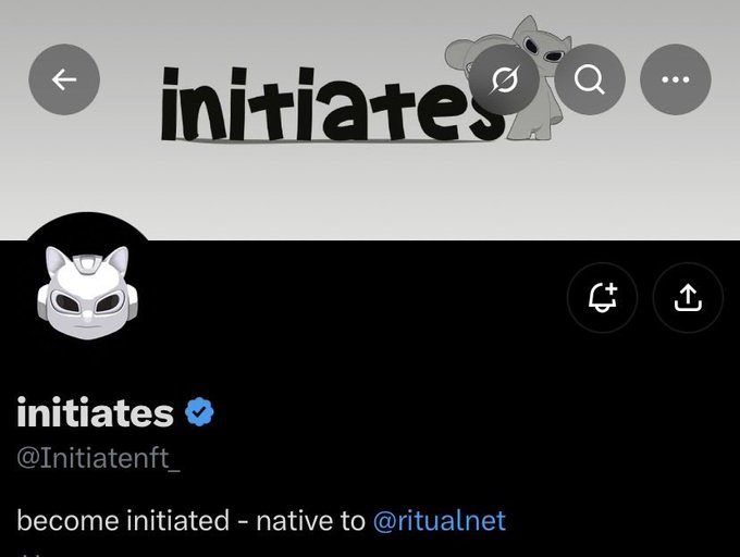 A Twitter/X profile page for 'initiates' (@Initiatenft_) with a verified checkmark, featuring a white robotic/cat-like avatar and the bio 'become initiated - native to @ritualnet,' with the profile header showing stylized black text 'initiates' and a gray mouse-like character.