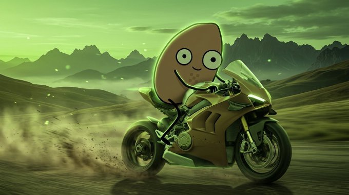 A cartoon potato with a smiling face riding a motorcycle through a dusty, green-tinted mountainous landscape.