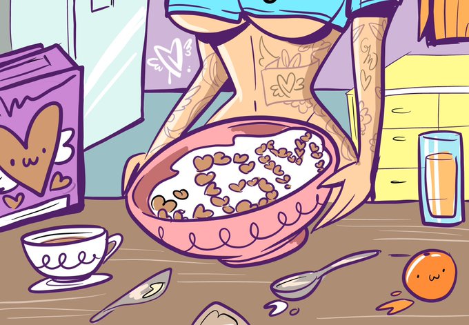 A cartoon illustration shows tattooed hands holding a pink bowl of heart-shaped cereal, with a purple cereal box, a teacup, a spoon, a knife, and a glass of orange juice on a wooden table.