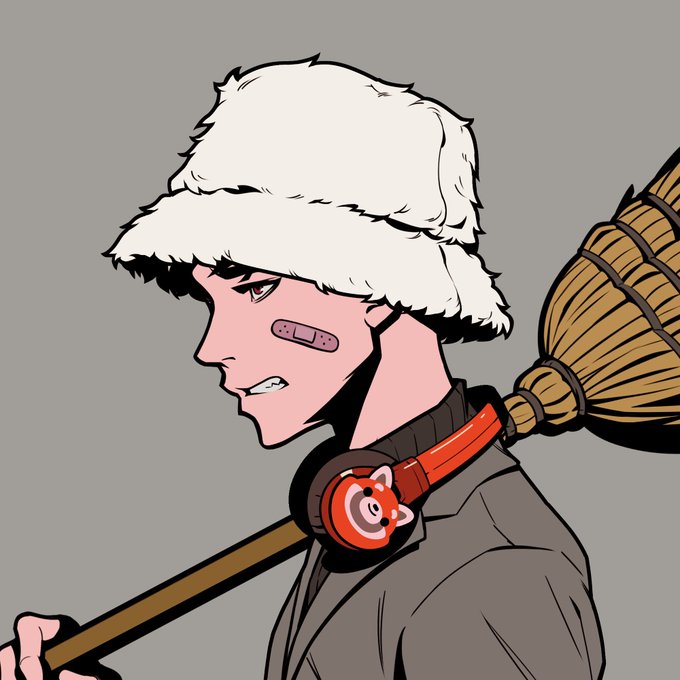An anime-style illustration shows a person in profile wearing a fluffy white bucket hat and red headphones with a fox logo, carrying a broom over their shoulder with a bandage on their cheek.