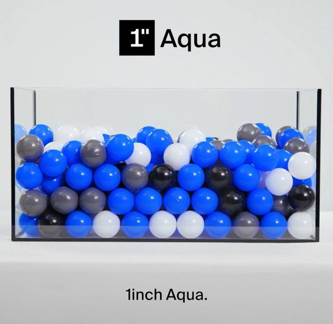 A clear acrylic bin filled with blue, white, and gray 1-inch ball pit balls, labeled "1" Aqua" and "1inch Aqua." The image serves as a literal, playful visual pun on the name of the 1inch Aqua protocol, which the post describes as a new DeFi approach to rewarding only liquidity that actually executes trades.