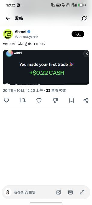 A screenshot of a social media post by user Ahmet (@AhmetUyar99) captioned "we are fckng rich man" accompanies an image showing "world" platform notification: "You made your first trade 🎉 +$0.22 CASH". The post ironically celebrates a tiny $0.22 cash reward as great wealth, fitting the accompanying caption's mocking tone about trivial rewards and total losses in trading.