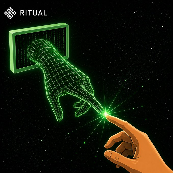 A digital illustration featuring a green wireframe hand reaching out of a screen, almost touching a glowing green fingertip of a human hand, under the 'RITUAL' logo on a starry background.