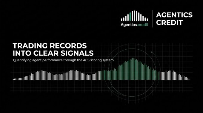 A dark promotional graphic for 'Agentics Credit' featuring the tagline 'TRADING RECORDS INTO CLEAR SIGNALS' and the subtitle 'Quantifying agent performance through the ACS scoring system,' accompanied by a green audio-wave style chart.