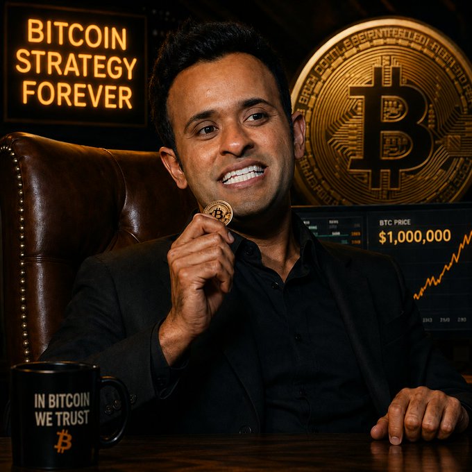 A man sits in a leather chair holding a physical Bitcoin, with a 'BITCOIN STRATEGY FOREVER' neon sign, a large Bitcoin medallion, a chart showing 'BTC PRICE $1,000,000', and an 'IN BITCOIN WE TRUST' mug in the scene.