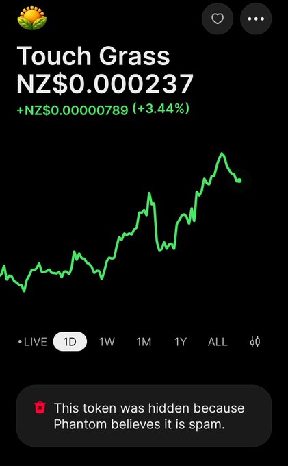 A mobile app screenshot showing the 'Touch Grass' token priced at NZ$0.000237 (+3.44%), flagged as hidden because Phantom believes it is spam.