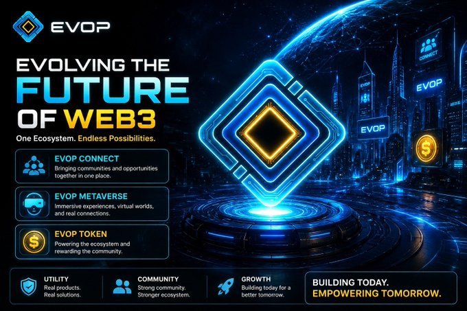 A futuristic promotional graphic for "EVOP" with the tagline "EVOLVING THE FUTURE OF WEB3 - One Ecosystem, Endless Possibilities," highlighting EVOP Connect, Metaverse, and Token.