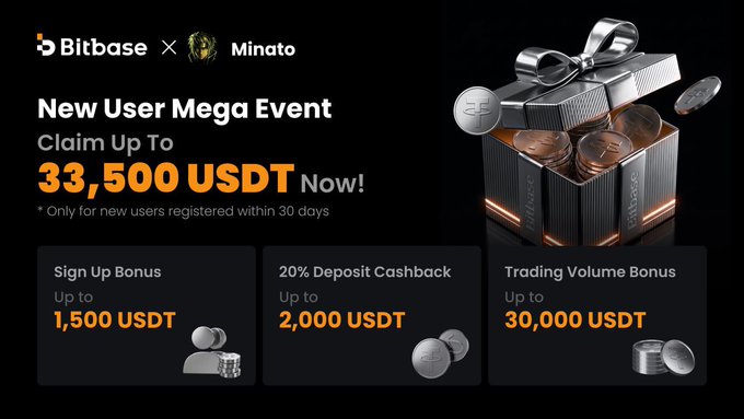 Promotional banner for a 'Bitbase x Minato New User Mega Event' offering up to 33,500 USDT through sign-up bonus, 20% deposit cashback, and trading volume bonus.